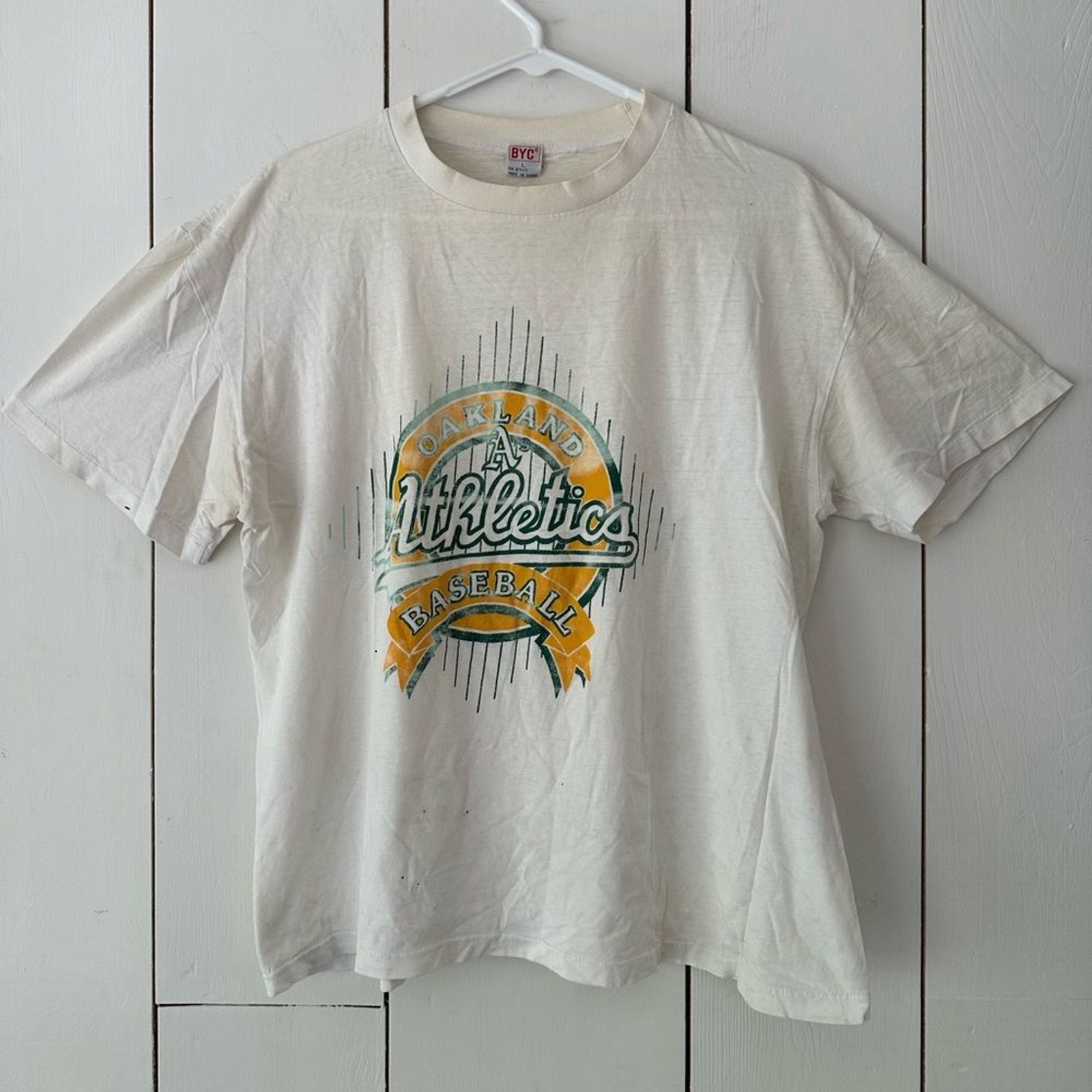 VTG 80s BYC Oakland Athletics Baseball T-Shirt Mens Sz L Single Stitch Korea