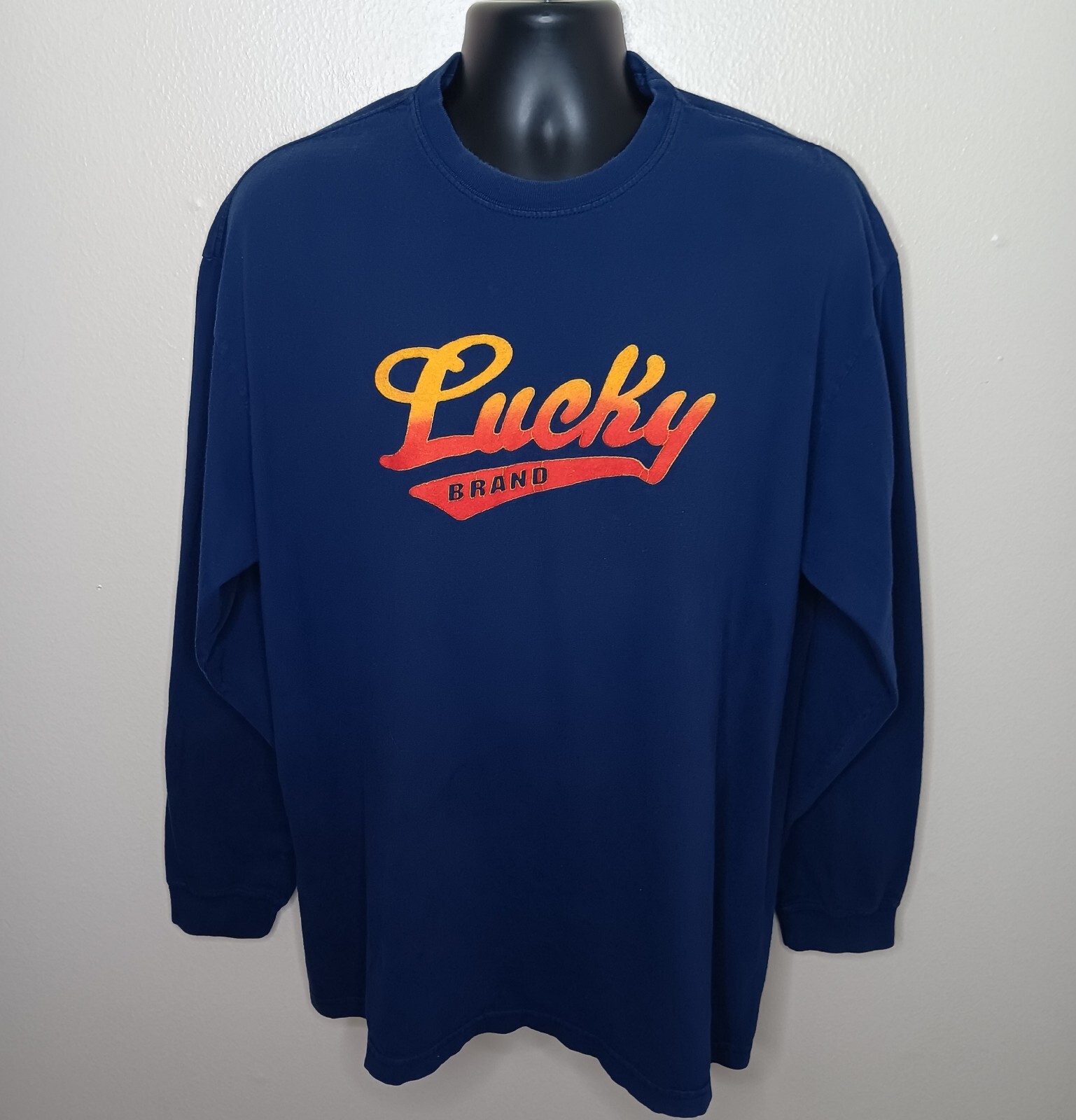 Vintage 90s Lucky Brand Knit Wear Men’s Large T-shirt Flocked Spell Out Navy USA