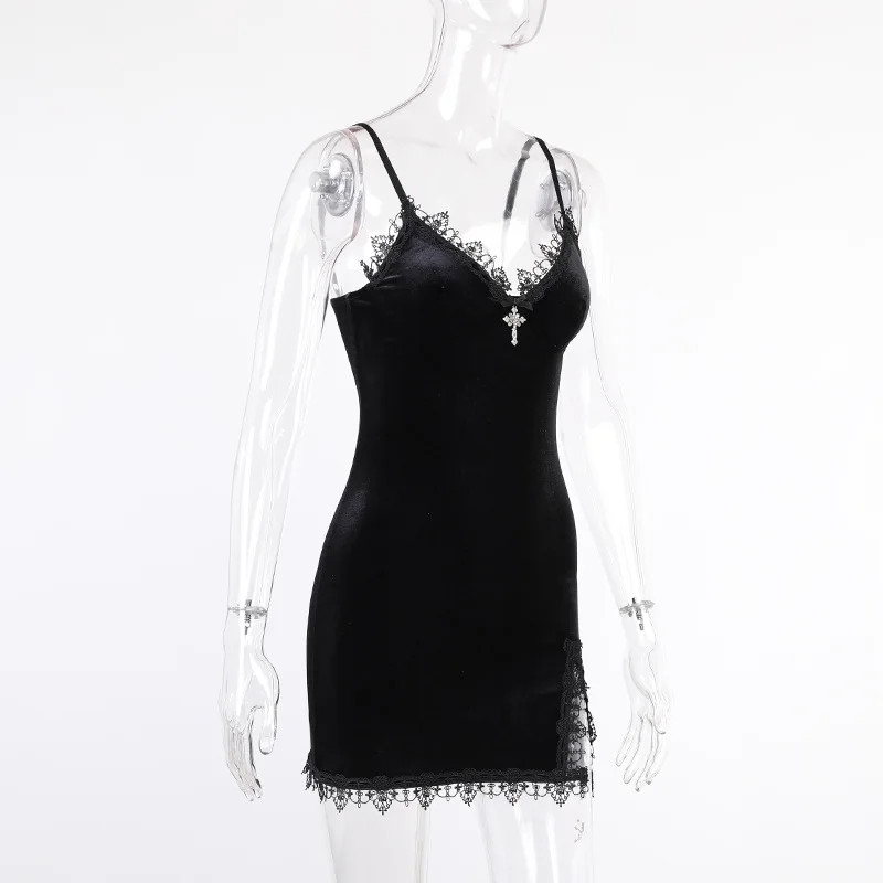 Black Mini Dress Vintage Sexy Spaghetti Strap Slit Dresses Goth Party Club Women