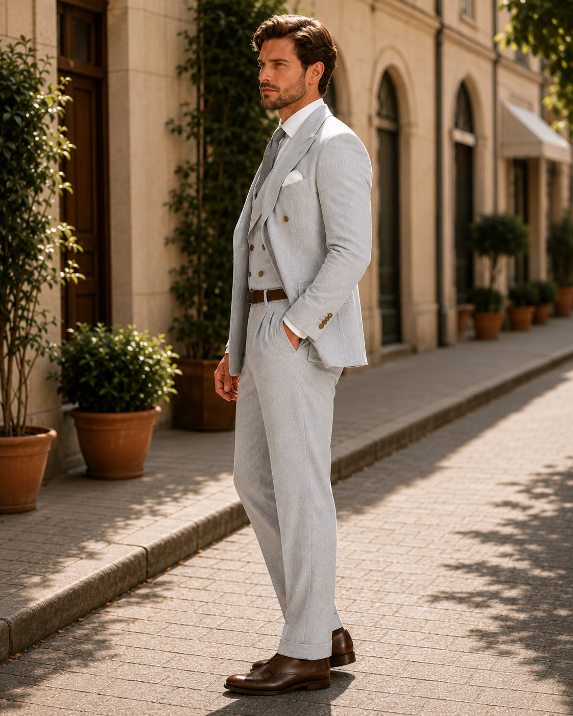 Men’s Light Gray Textured Double Breasted 3 Piece Suit Blazer Vest Pants
