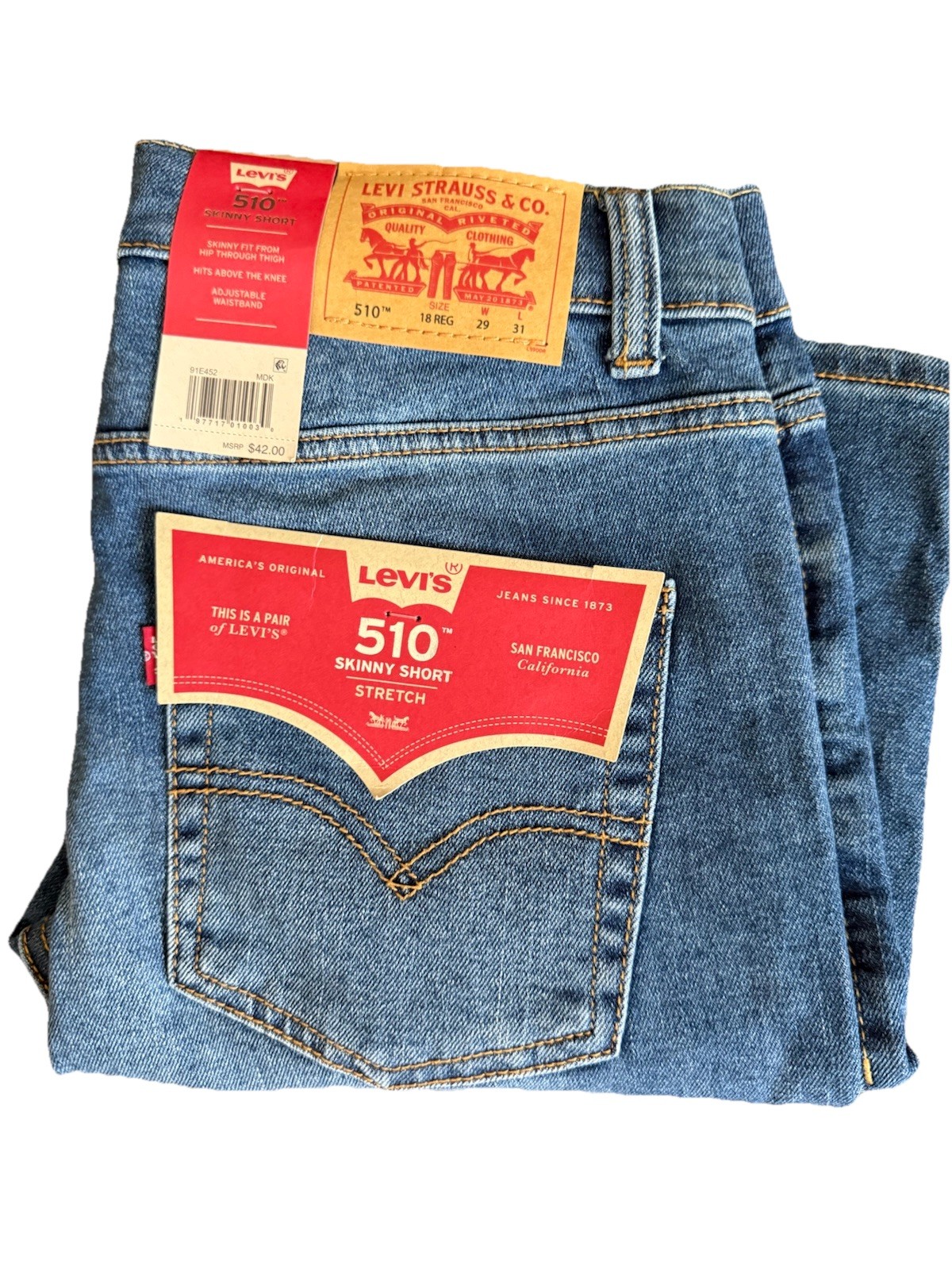 Levi’s 510 Shorts Boys 18 Regular Blue Jean Stretch Adjustable Waist Jorts NWT
