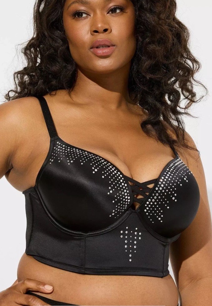 Womens Torrid XO Plunge Push-Up Bra Diamante rhinestone Black Size 50 B