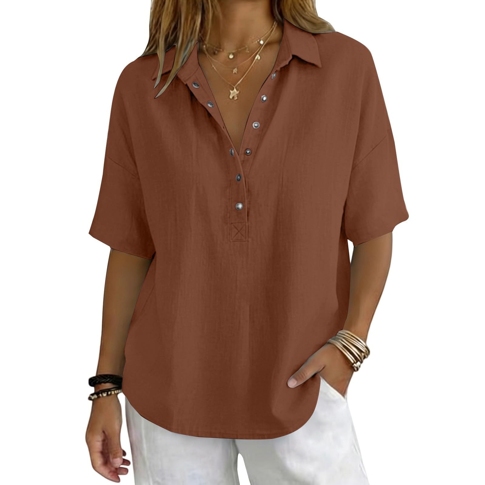 Women Cotton Linen Tops Button Down V Neck Half Sleeve Summer Gauze Blouse