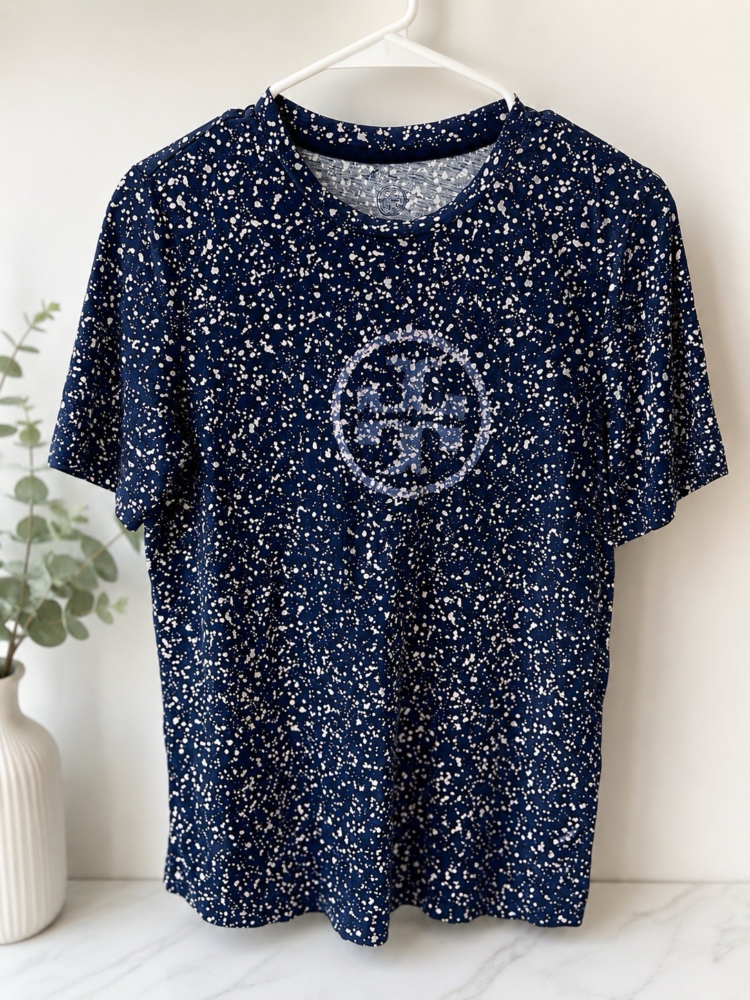 Tory Burch Women’s Navy Blue Speckled Logo T-Shirt Top Size M