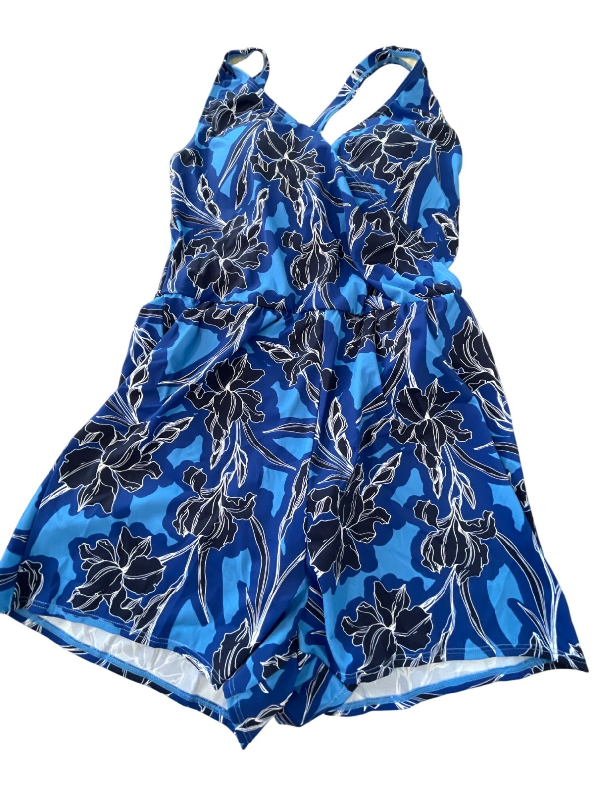 Denim and Co Beach Faux Wrap Tank Swim Romper Size 10 Tranquil Blue Pool Resort
