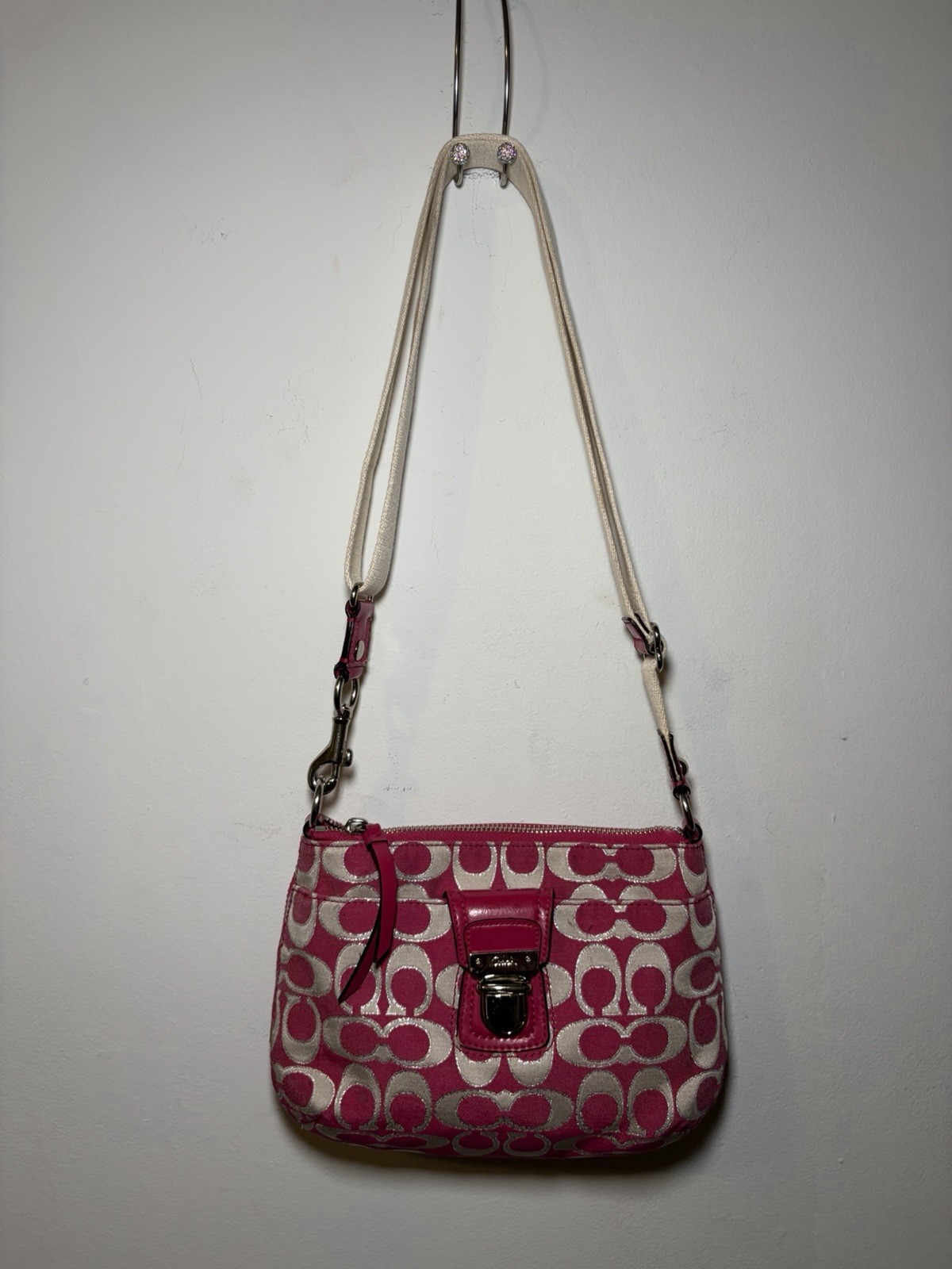 Coach Poppy Signature Double Pocket Crossbody Pink And White Strap