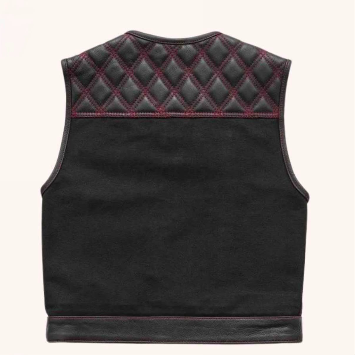 Men’s Black Leather Denim Motorcycle Vest Red Stitch Biker Club Style