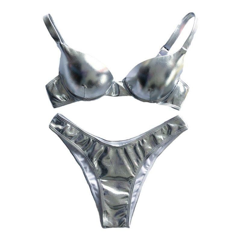 Women Sexy Bikini Reflective Shiny Metallic Swimsuit Push Up Underwire Beachwear