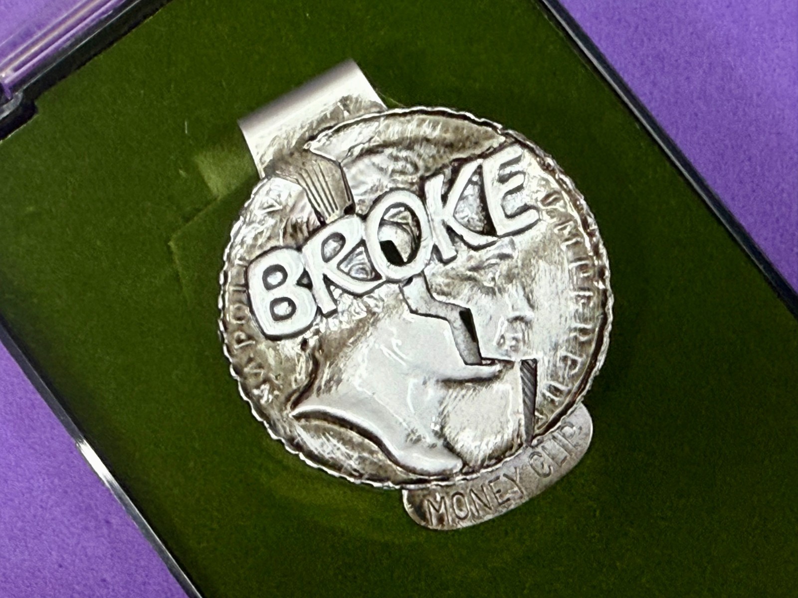 BROKE Coin Design Silver Color Vintage Novelty Money Clip Bill Holder in case