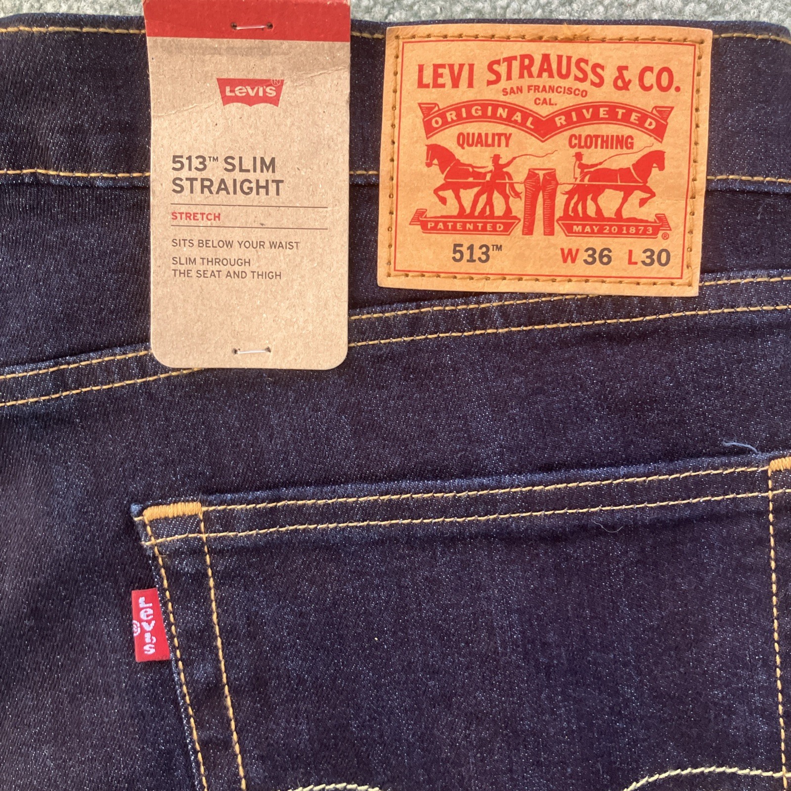 NWT Men’s Levi’s 513 Slim Stretch Straight Dark Wash Blue Jeans Size 36”x30”