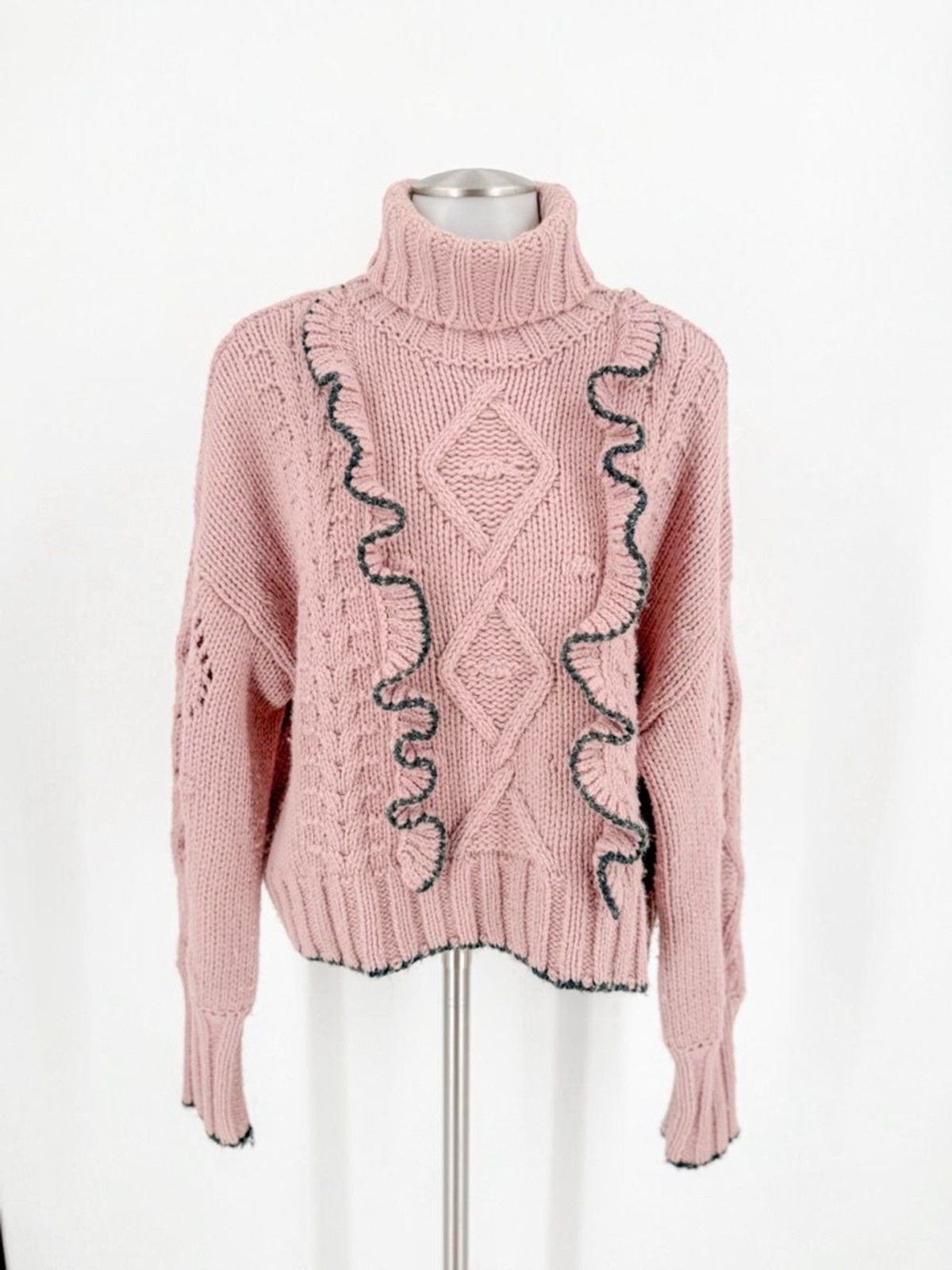cinq a sept Dusty Pink Cable Turtleneck Sweater with Contrast Trim