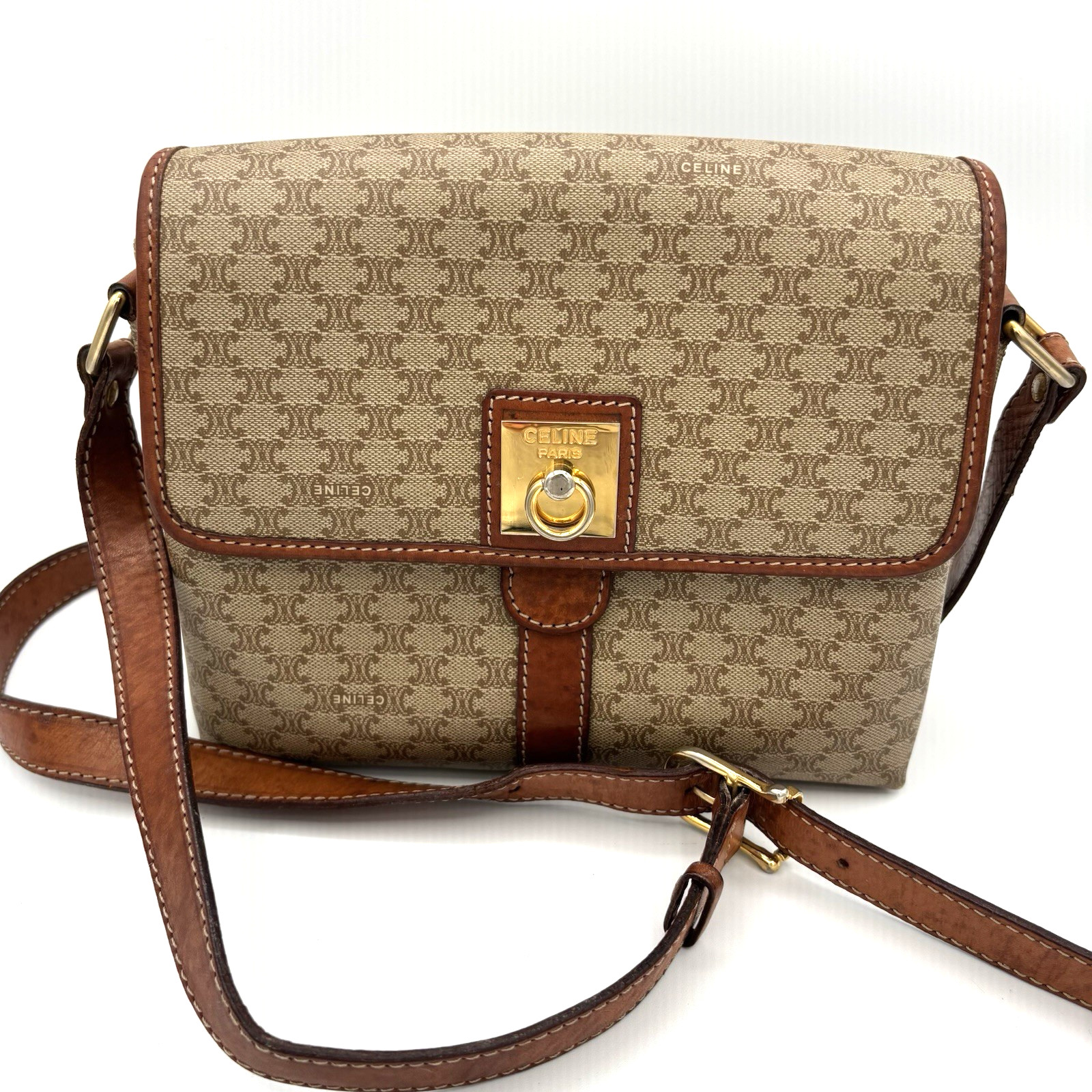 CELINE Macadam Canvas Shoulder Bag PVC Beige Gold Authentic 0046