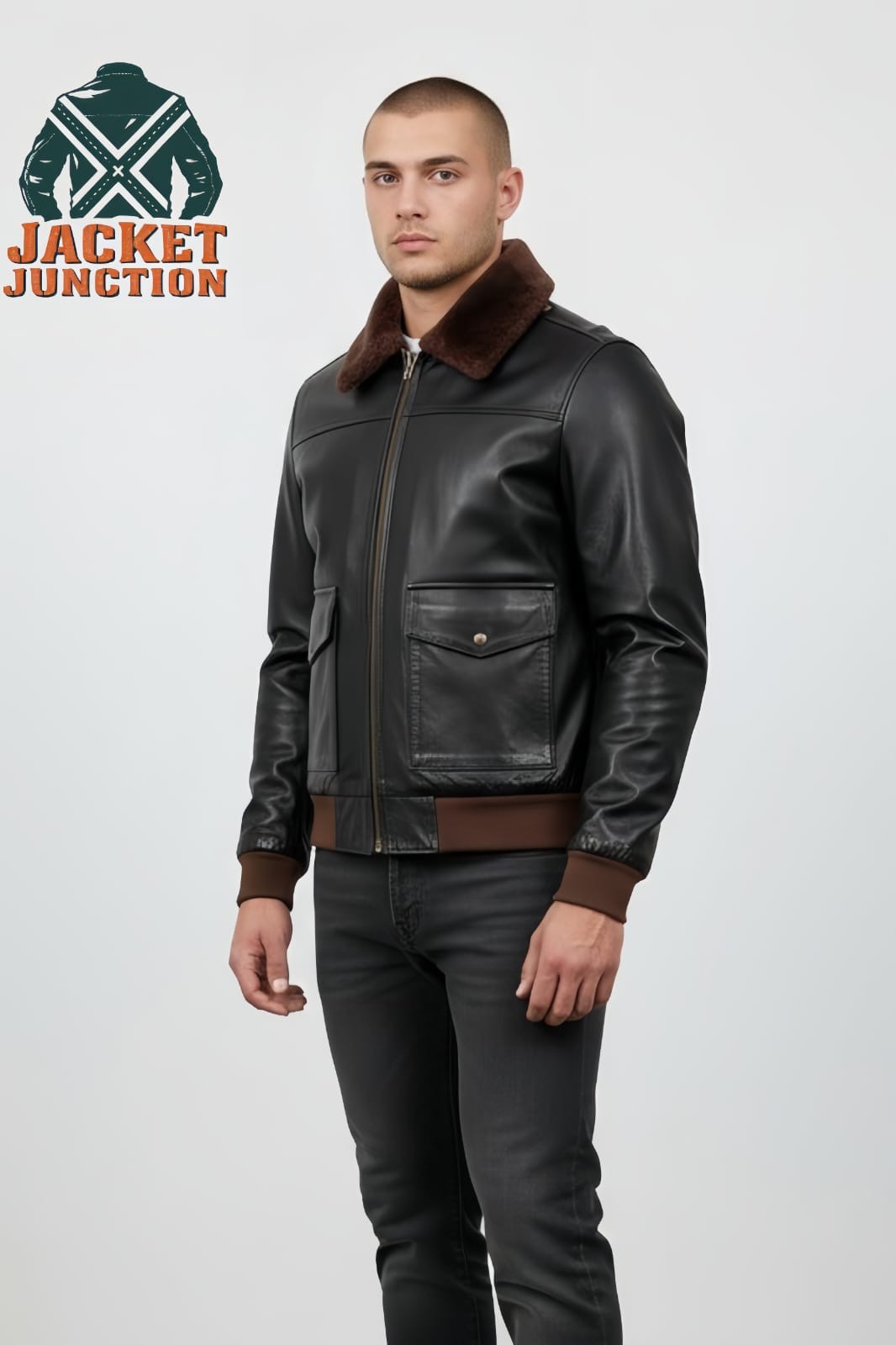Men’s Lambskin Leather Bomber Jacket Faux Fur Collar Aviator Pilot Coat