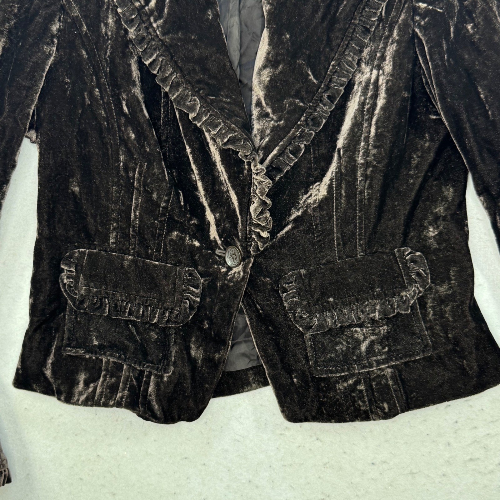 INC Velvet Blazer Womens Medium Brown Ruffle Trim Victorian Goth Jacket
