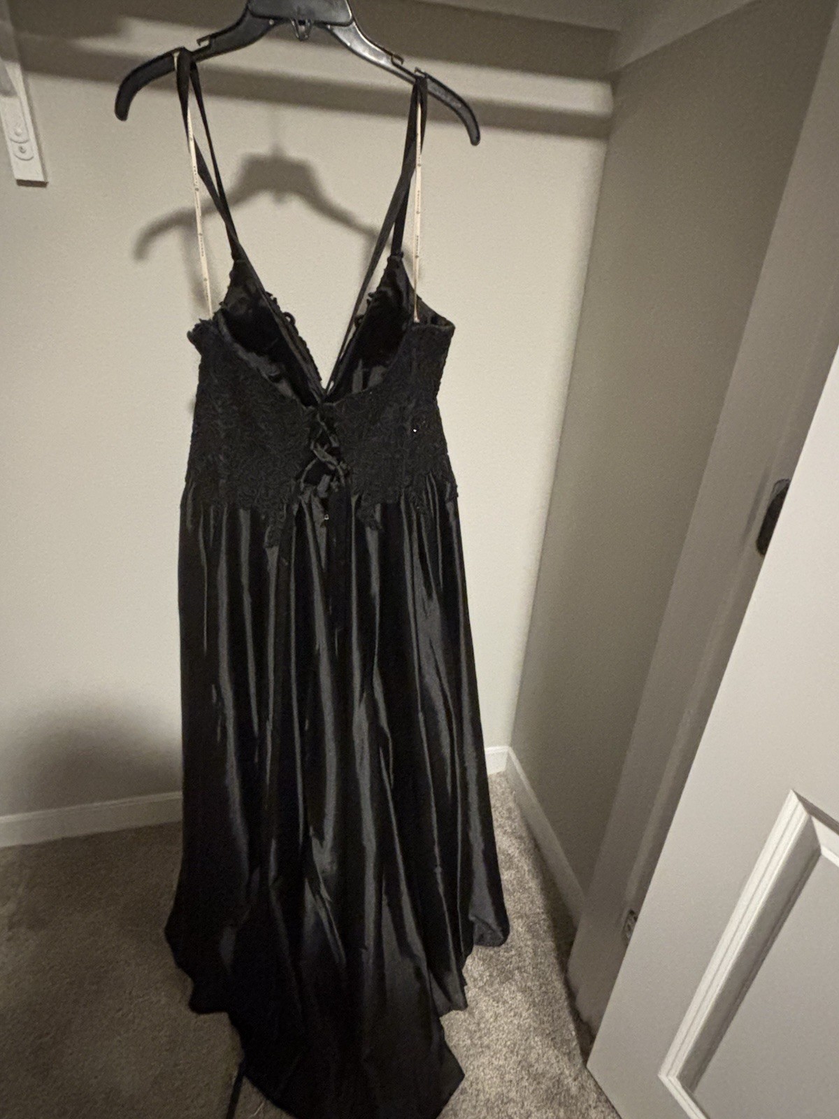 Eviana Black Satin Lace V-Neck Sleeveless Chemise Gown Adjustable Straps 14W