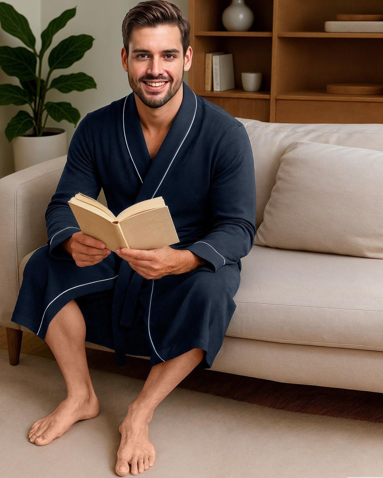 NY Threads Men’s Robe Cotton Blend Knit Bathrobe, X-Large, Navy