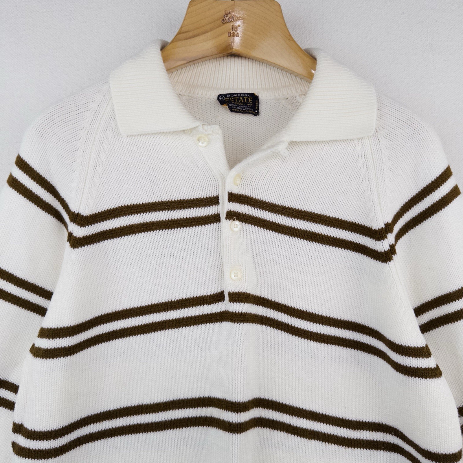 60’s Vtg Donegal Estate Mens L Orlon Acrylic Knit Polo Sweater Loop Collar Cream
