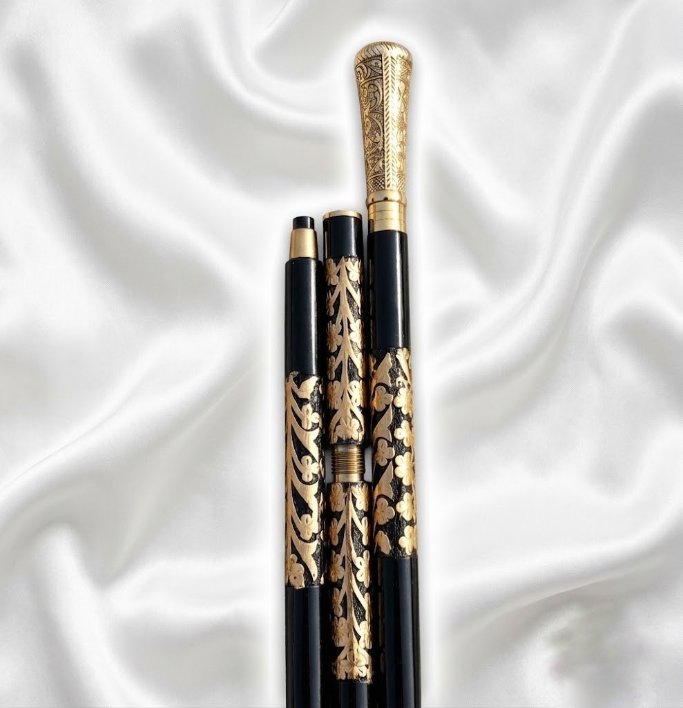 Handmade Elegant Wooden Walking Stick with Ornate Gold-Tone Handle & Floral…