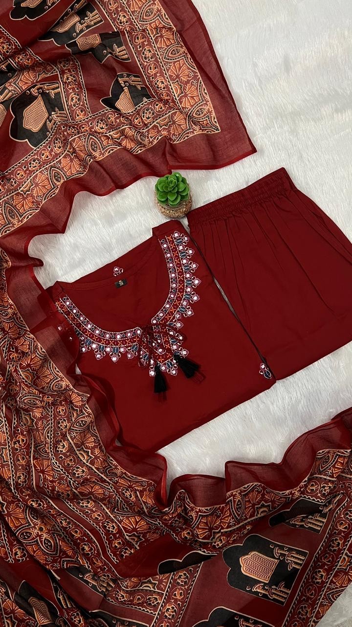 BOHO EMBROIDERED COTTON KURTI PANT DUPATTA SET WOMEN 3PC POCKET SUIT SIZE 3XL UP