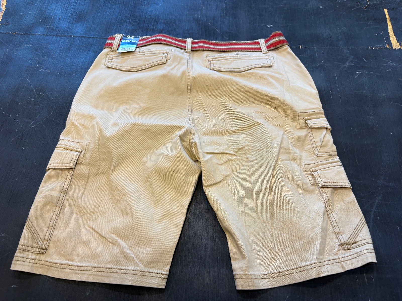 IRON CO. Belted Cargo Shorts Mens 34 W 11 Inseam Khaki Cotton/Spand MSRP $46 NWT