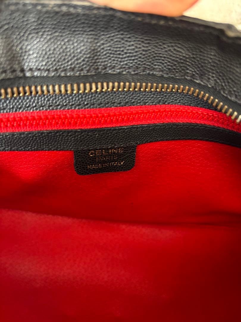 Celine Black Leather Handbag Vintage Gold Hardware Red Lining Auth