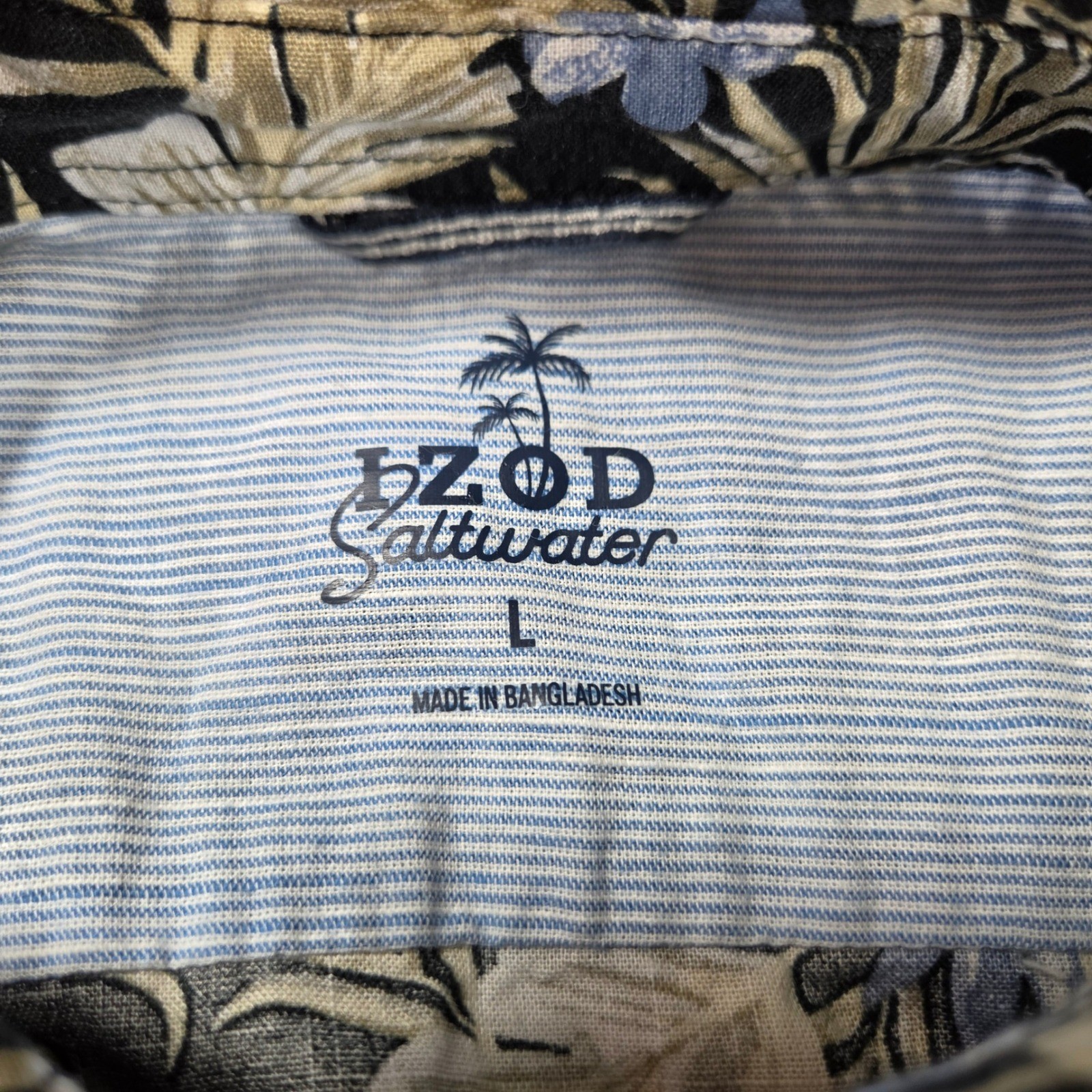 Izod Saltwater Mens Large Black Tropical Palm Floral Cotton Button Down Shirt