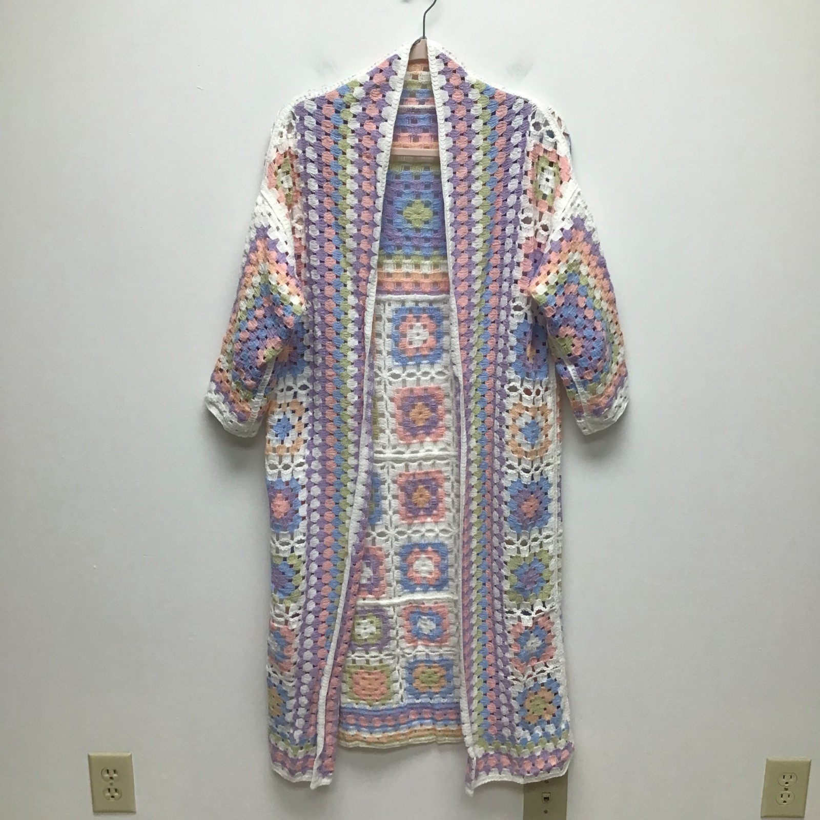 POL Pastel Crochet Cardigan Womens Granny Square Open Front Boho One Size NWOT