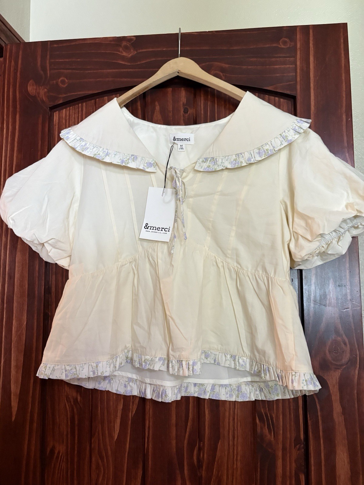 &merci NWT Medium Peter Pan Collar Puff Sleeve Babydoll Top Cream Floral