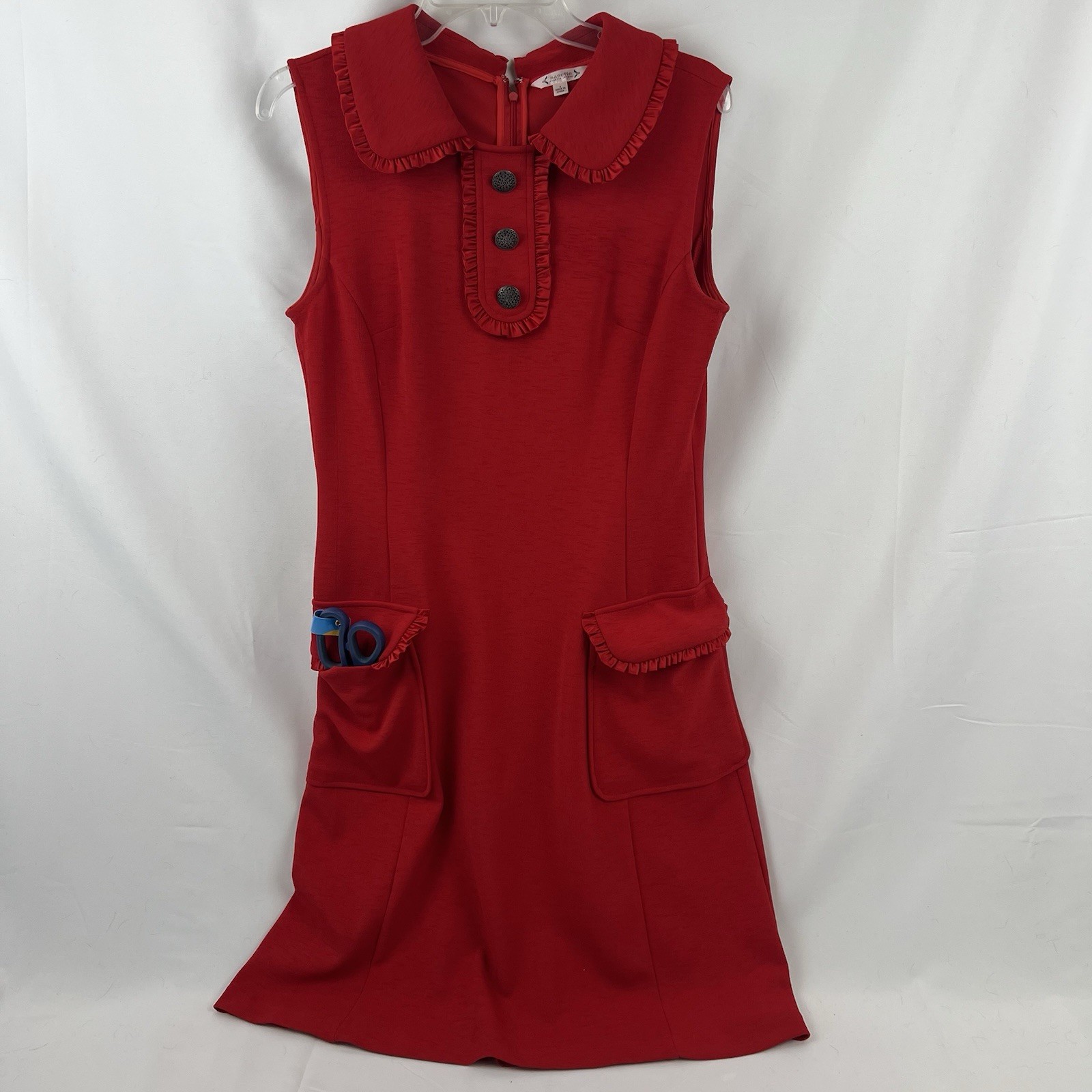 Nanette Lepore Red Dress Sleeveless Ruffle Peter Pan Collar Knit Size 8 POCKETS!