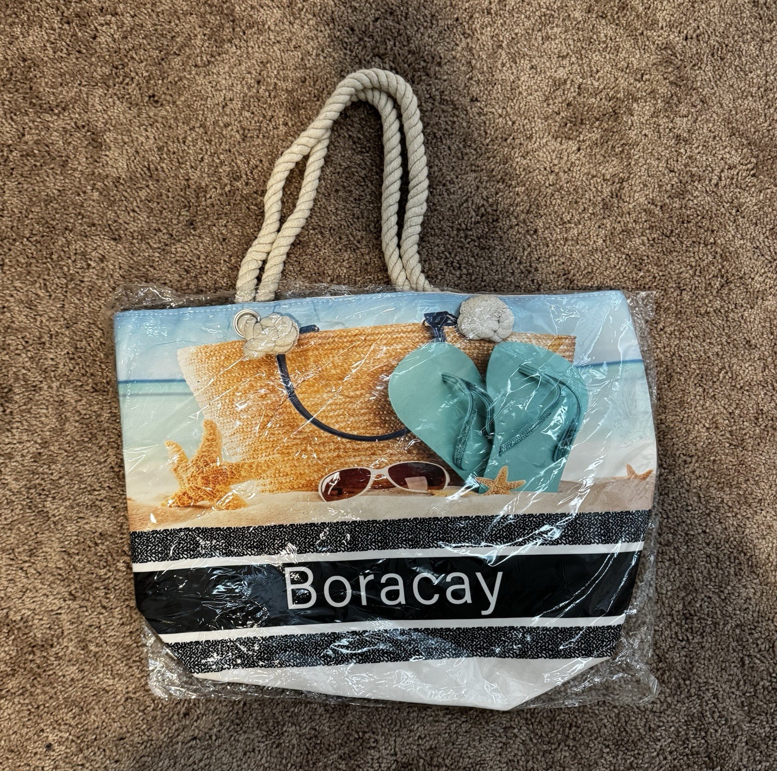 Boracay Beach Print Large Lightweight Tote Bag Rope Handles Coastal Vacation