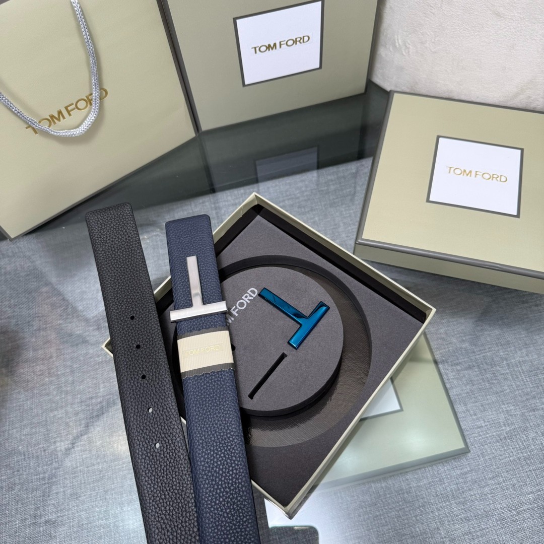 Tom Ford Handmade Double-Buckle Reversible Belt 3.8cm/1.50″ Blue/Black