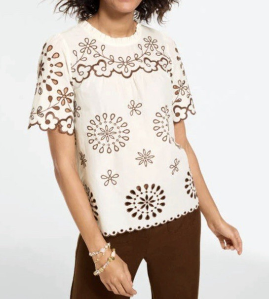 NWT NEW SUMMER TALBOTS SIZE LARGE EMBROIDERED VOILE TOP IVORY / BROWN $119.00