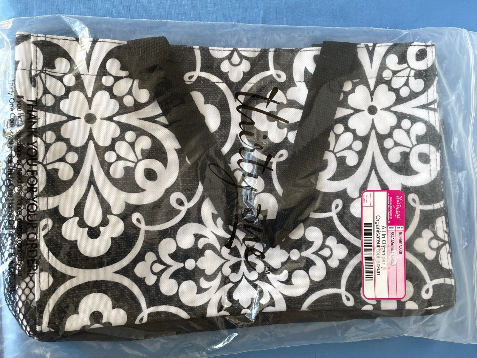 Thirty One All In Organizer In Parisian Pop 12×8 Small Tote Bag Black White NIP