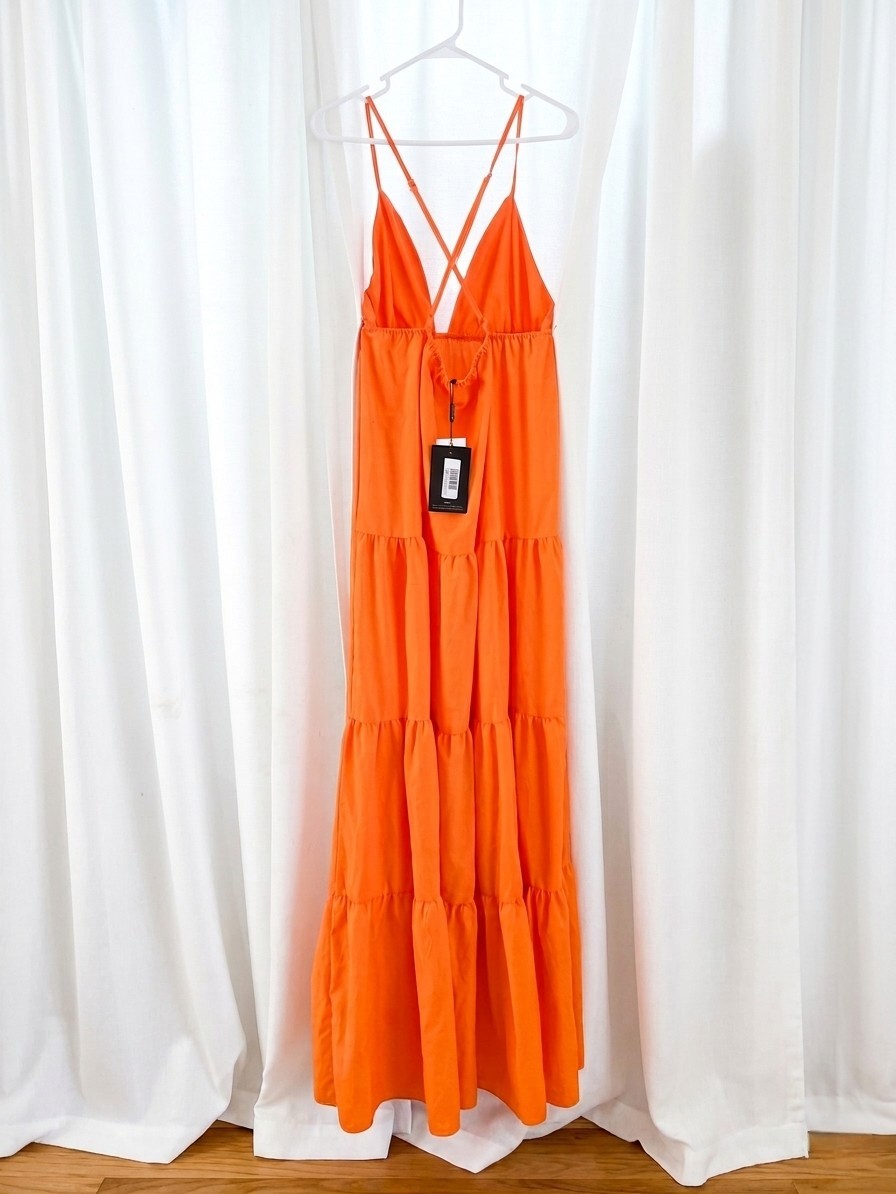 Pretty Little Thing Orange Tiered Smock Maxi Dress Boho Summer V-Neck SZ 10