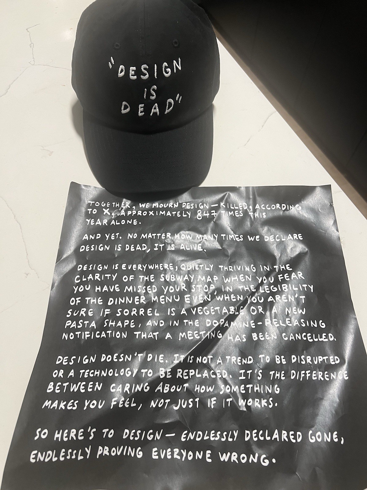 Design Is Dead White Embroidered Quote Black Cap One Size New Adjustable Unisex