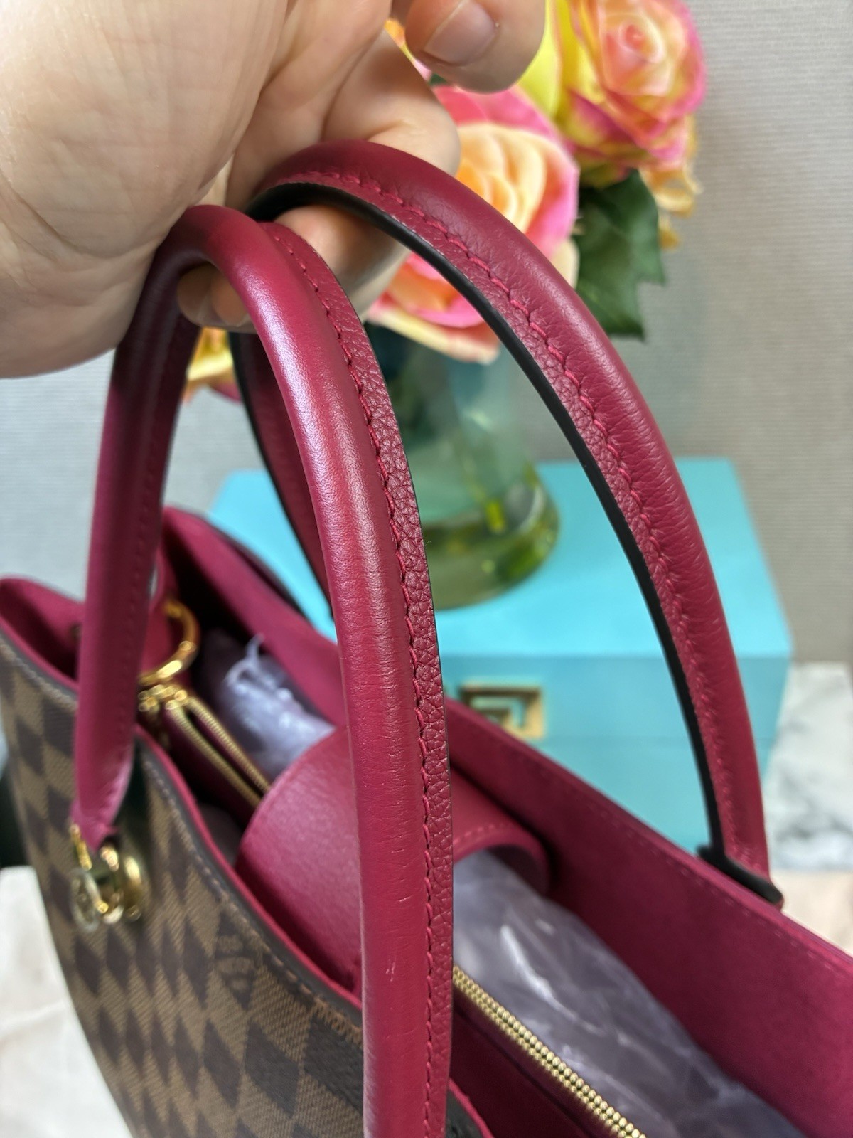 Louis Vuitton LV Damier Ebene Riverside Tote w/ Magenta Leather & LV Charm – NWT