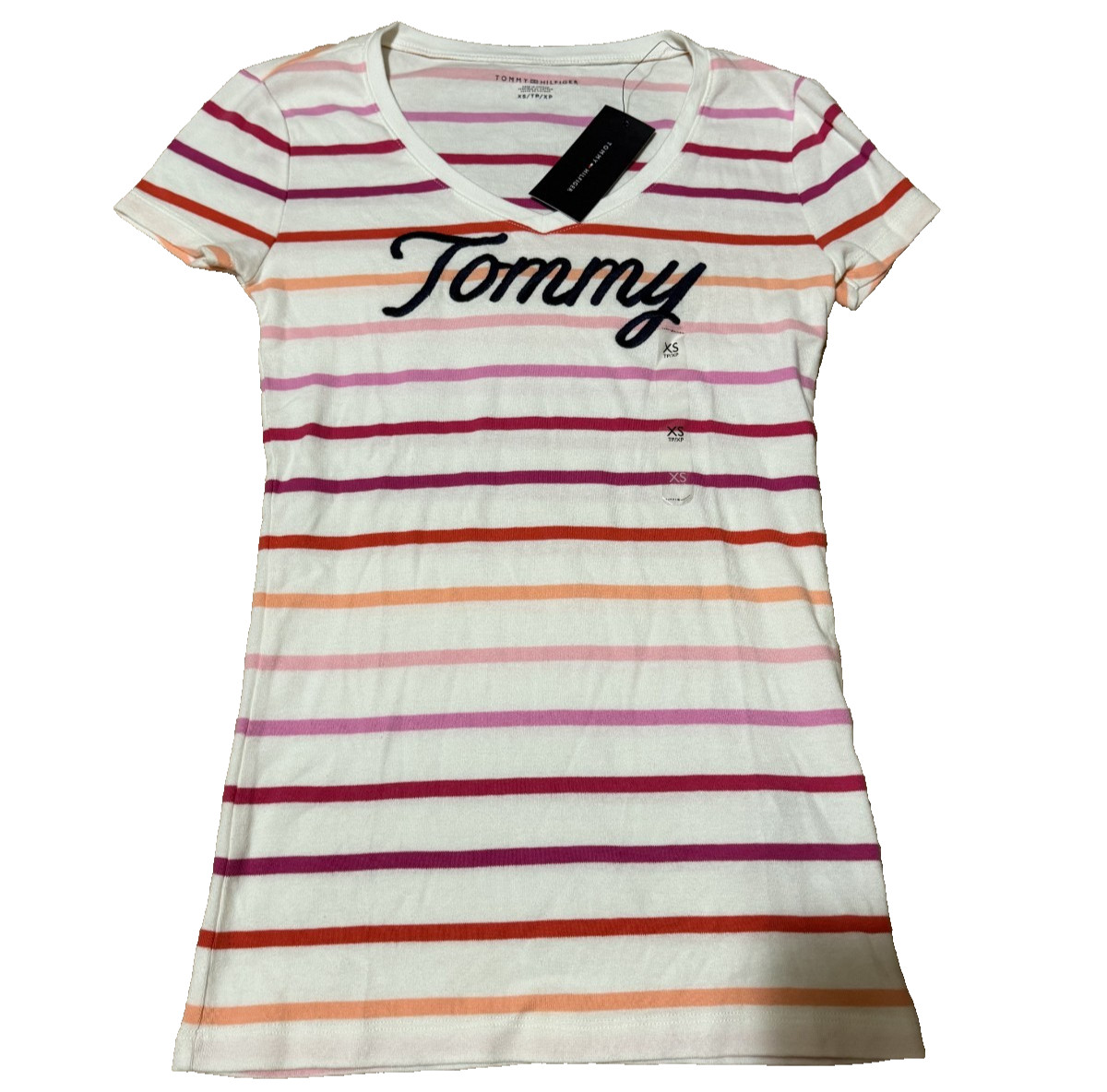 BRAND NEW Tommy Hilfiger Women’s XS Tommy Logo White Pink Stripes T-Shirt