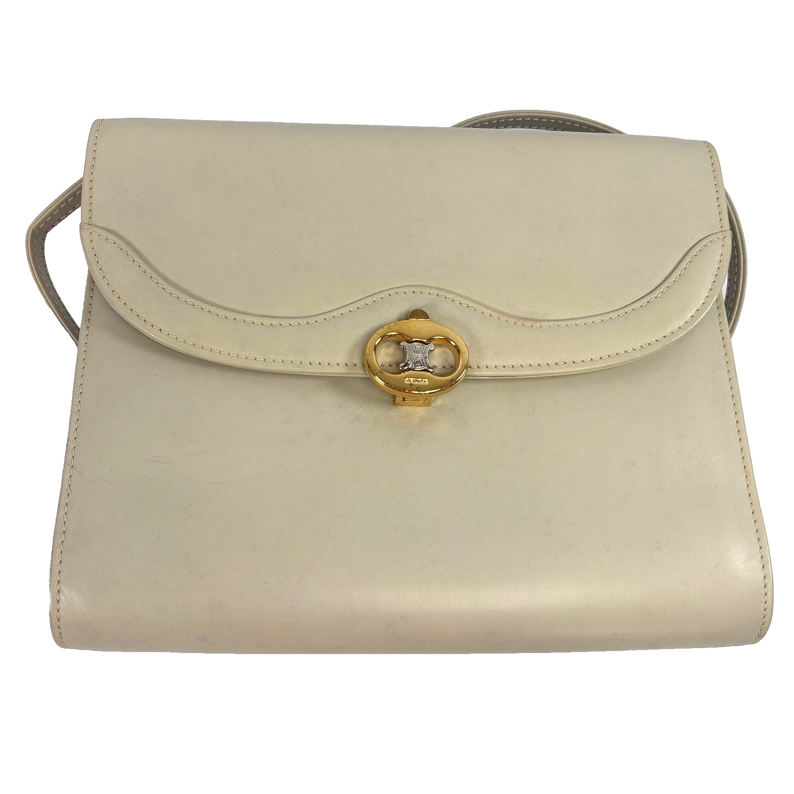CELINE Leather Shoulder Bag Triomphe Beige Clutch From Japan