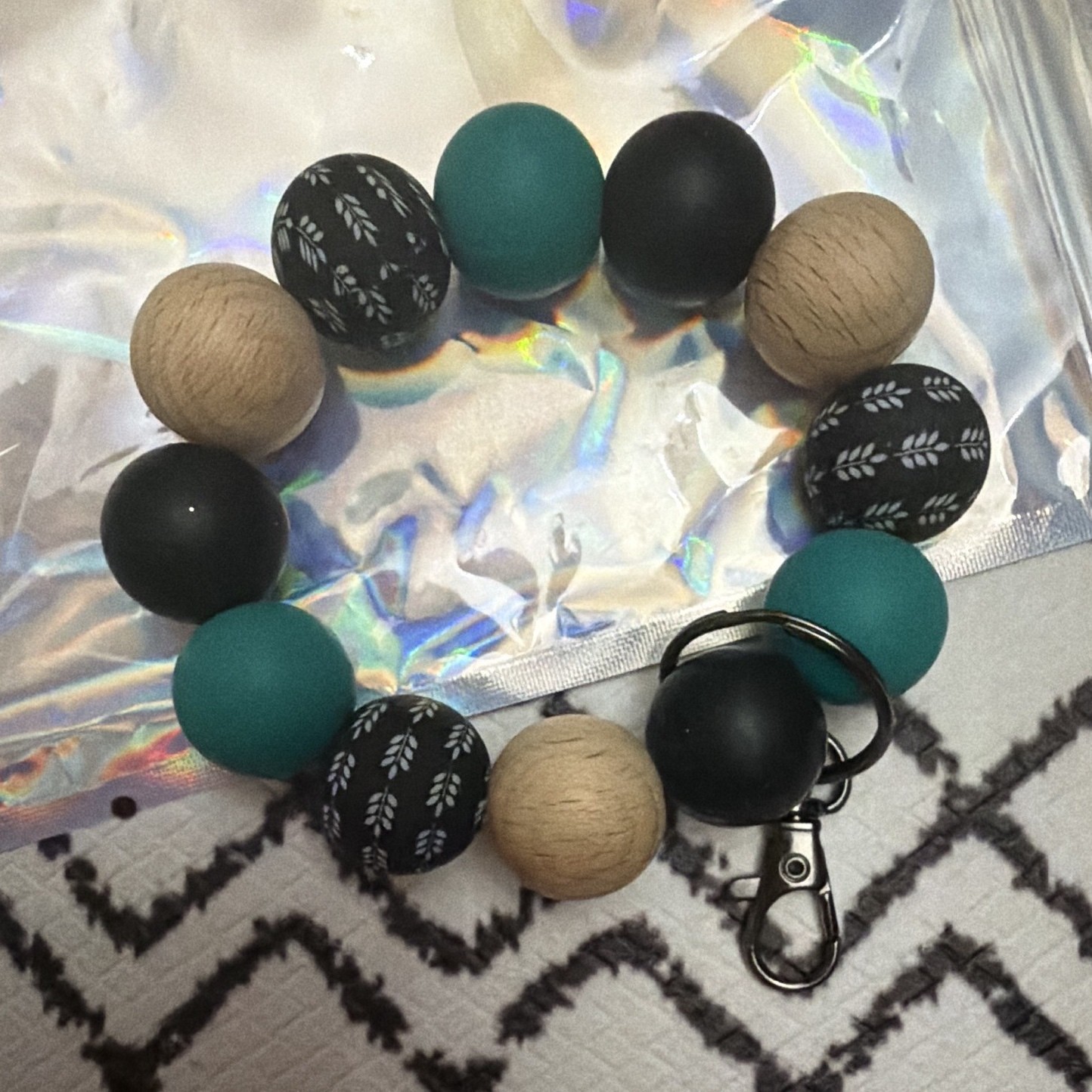 Beaded Wristlet Key Chain, Detachable, Black Teal Natural Wood, Geometric
