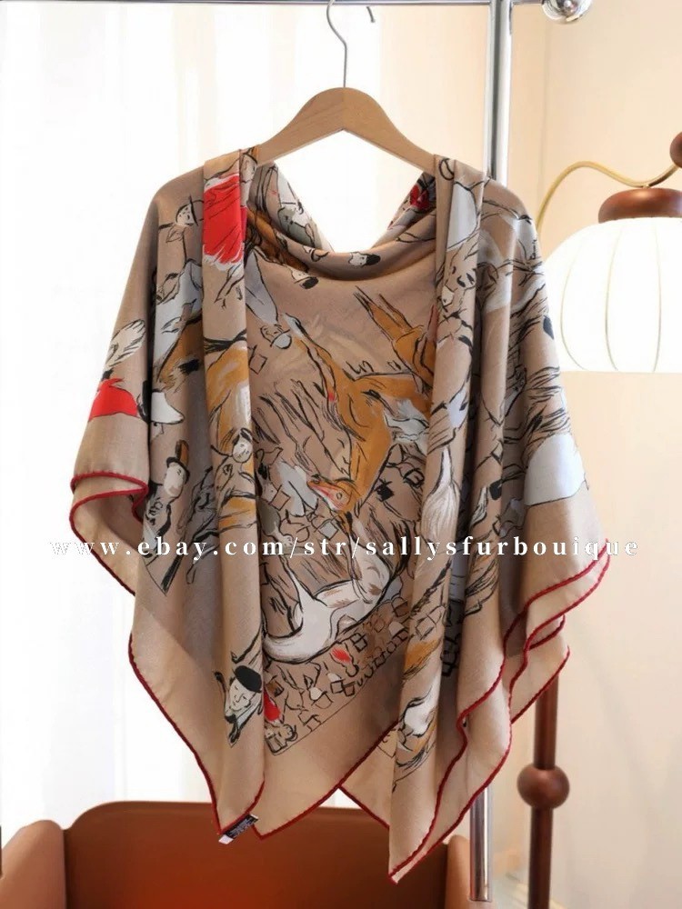 Sallys 70% Cashmere & 30% Silk Wrap Scarf Horses Print Double Face Shawl 53″