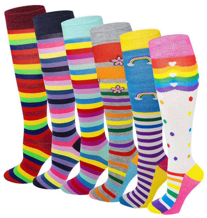 Women Size 9-11 Colorful Assorted Design Knee High Socks (6 pairs)