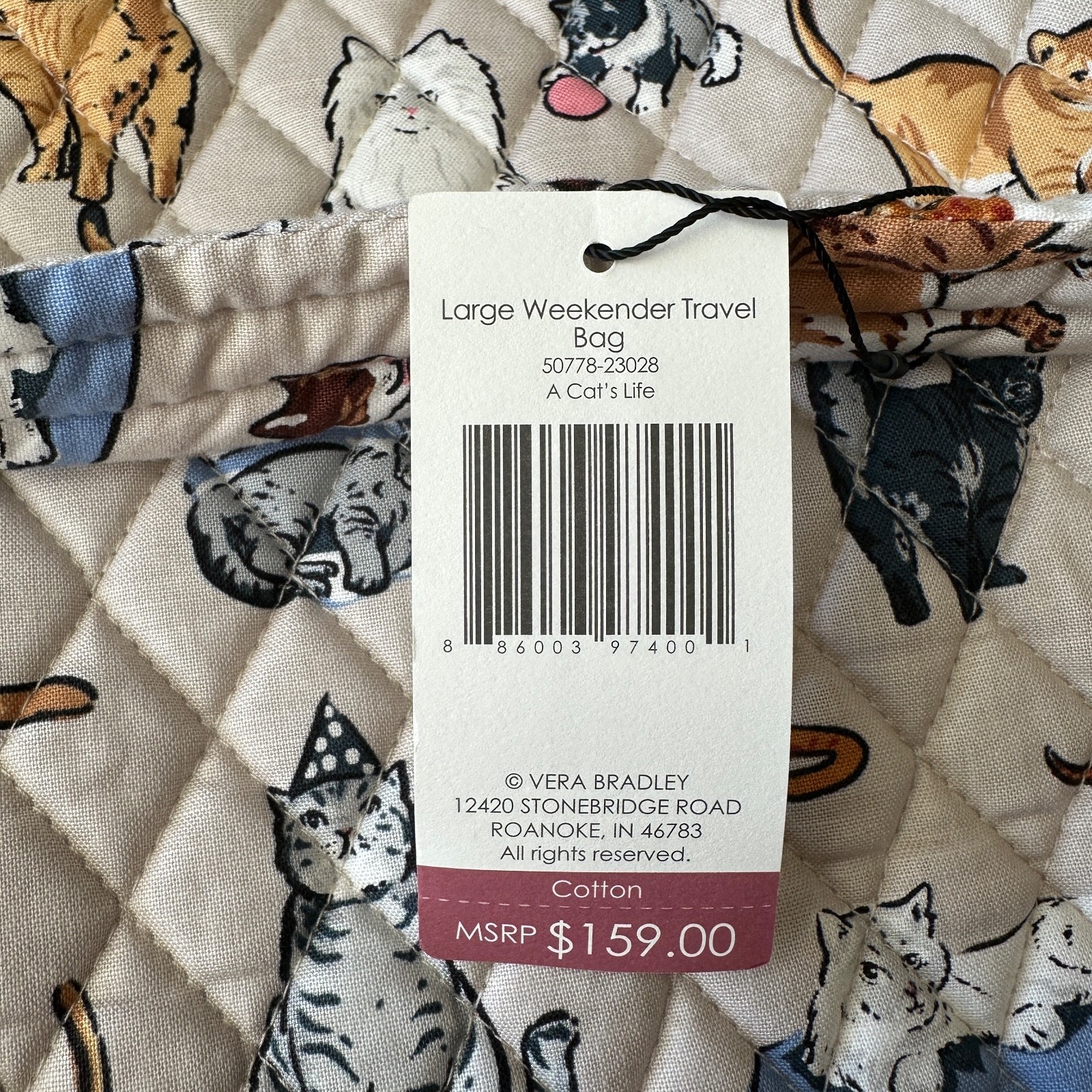New Vera Bradley A CATS LIFE Large Weekender Travel Luggage Bag Beige