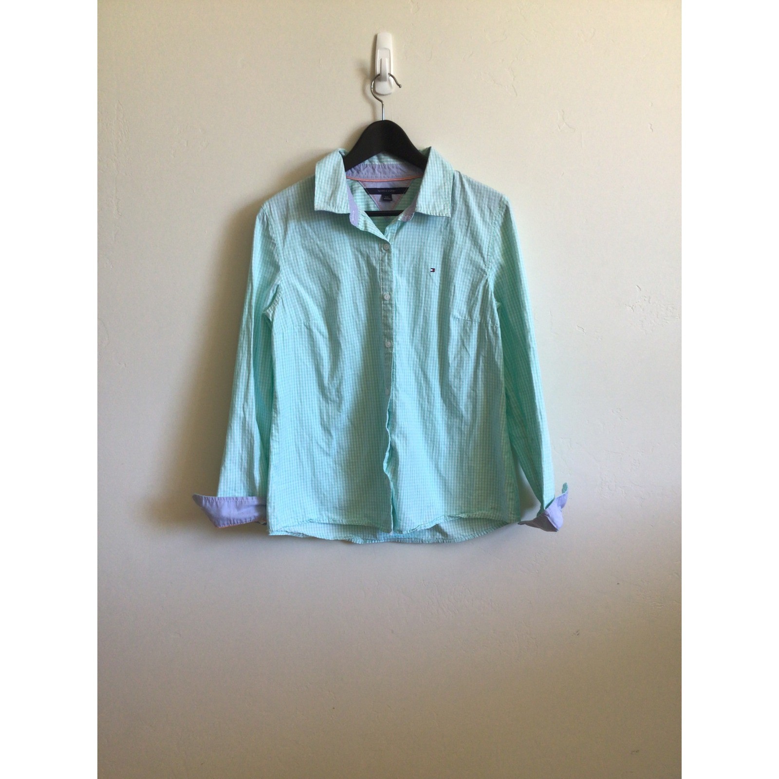 Tommy Hilfiger Women’s Large Mint Green Gingham Button Down Shirt 100% Cotton