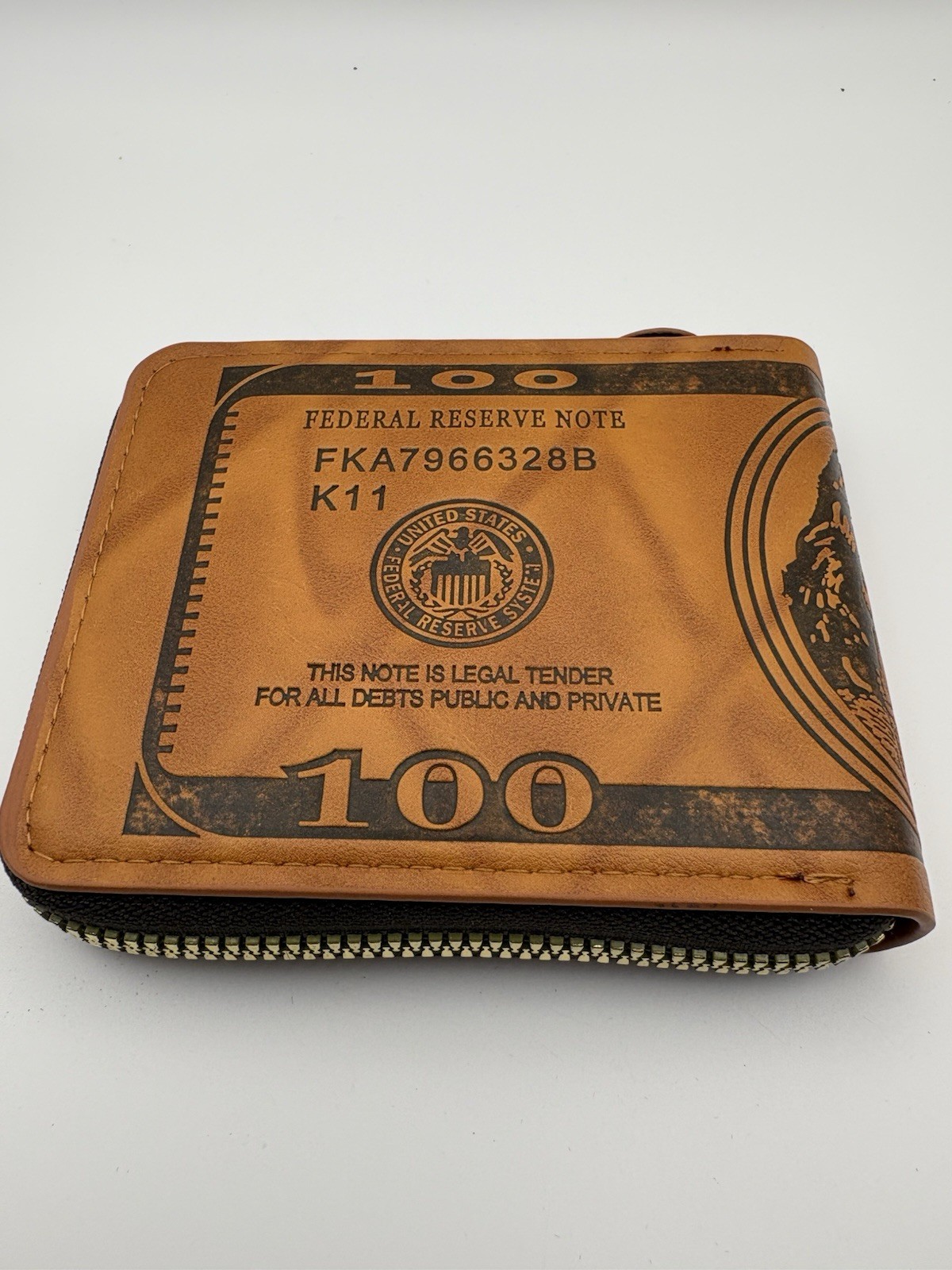 Vintage Novelty $100 Bill Leather Zip-Around Bifold Wallet