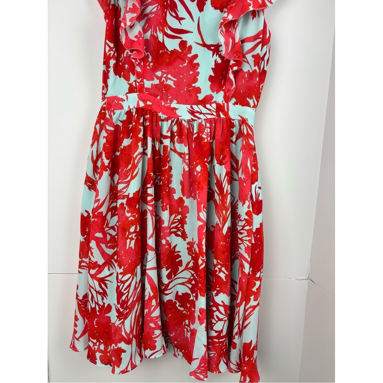BR Sz 0 NWT Floral Ruffle Sleeve Dress Aqua Pink Fit & Flare Pockets Dressy Chic