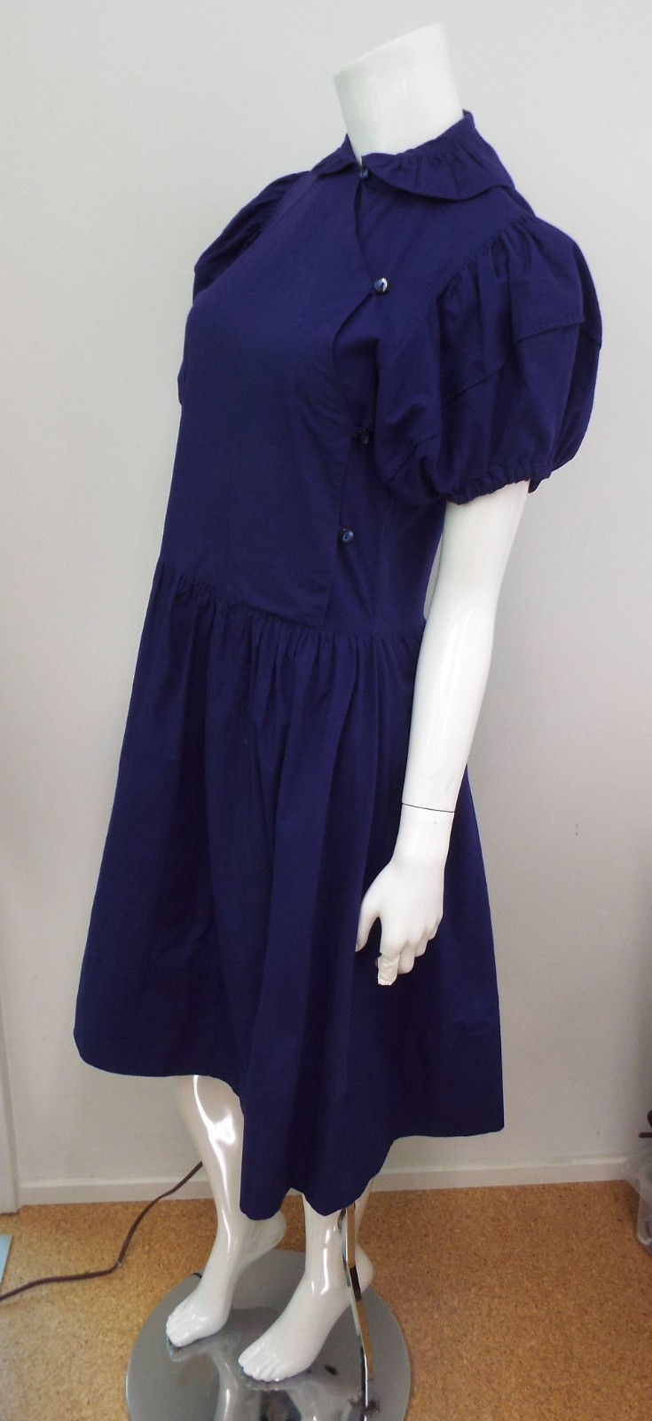 VTG 1980s KENZO Blue Puff Sleeve Dress Small Cotton Asymmetrical Button Wrap Top
