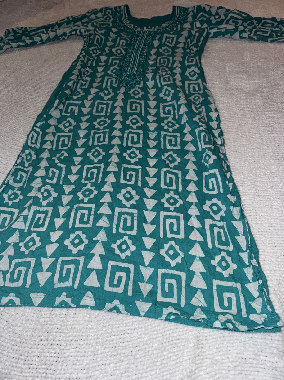 Handmade Green & White Tunic Kurta 3/4 Sleeve Flared Silhouette Pullover Dress