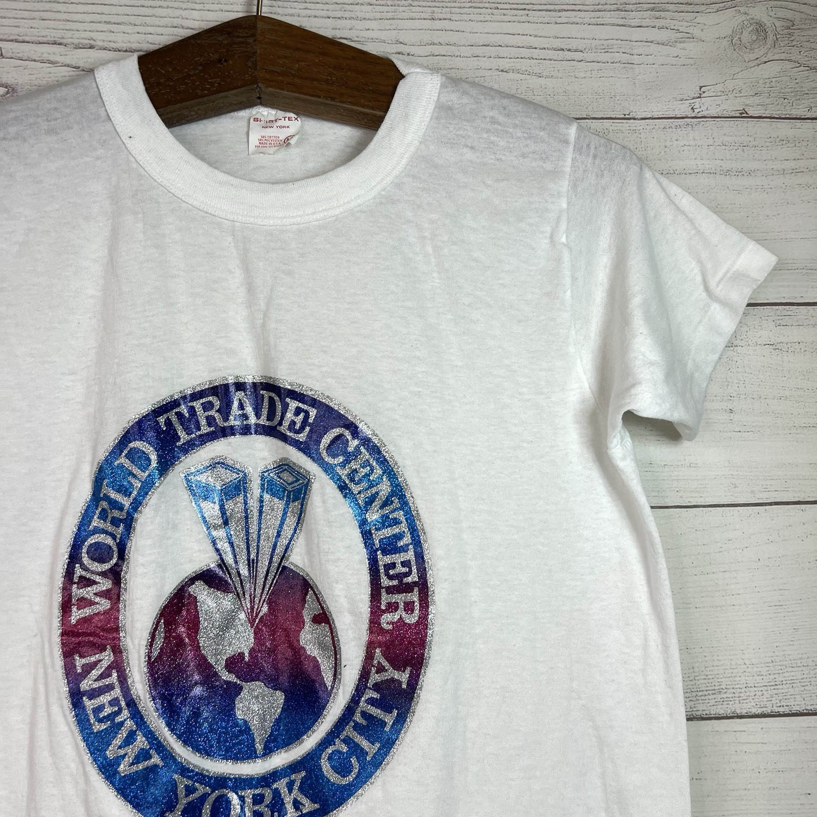 Vintage Shirt-Tex 80s 90s World Trade Center Glitter Graphic Single Stitch M USA