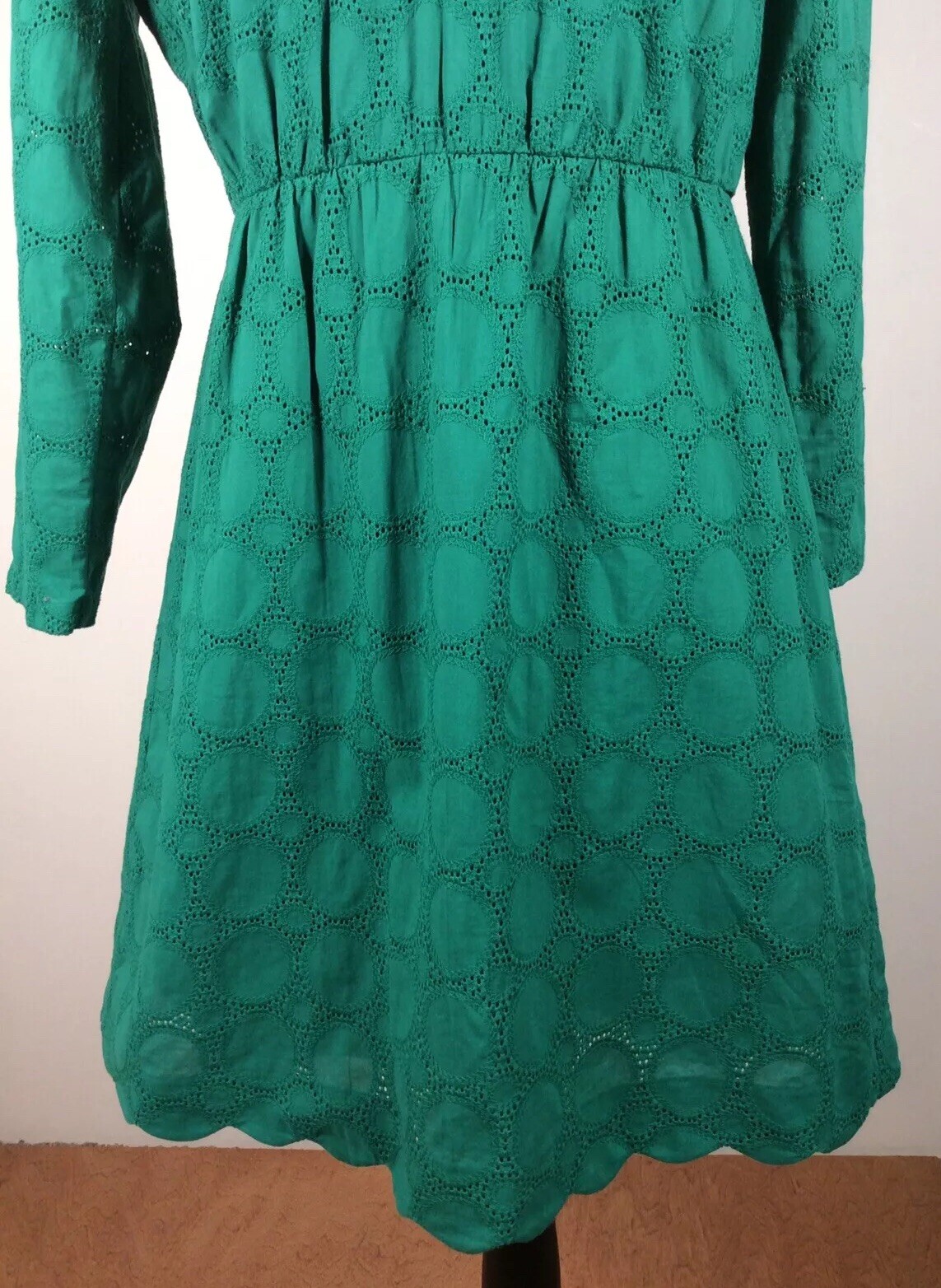 J Crew Dress Women 4 Green EYELET Long Sleeve Preppy Old Money Back Zip Lined