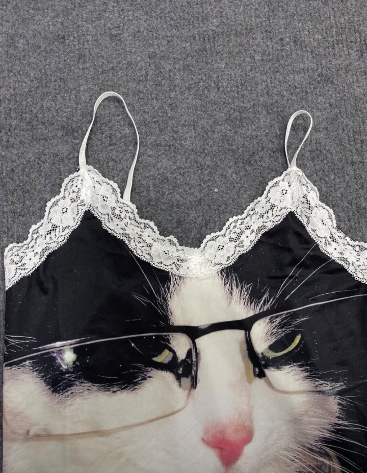 Funny Cat with Glasses Lace Trim Cami Top Y2K Aesthetic Grunge Tank Top Cute